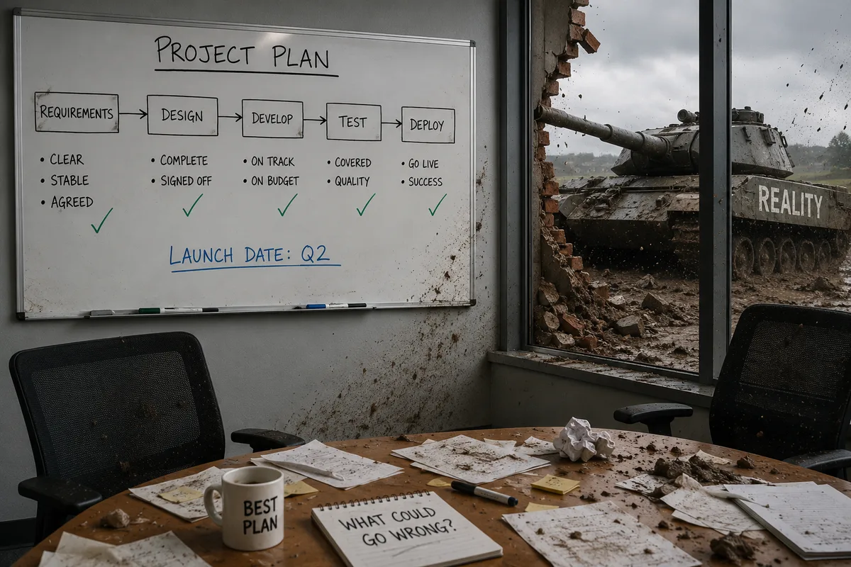 Scene of an office with a planning board being disrupted by a "Reality" tank breaking through the wall.