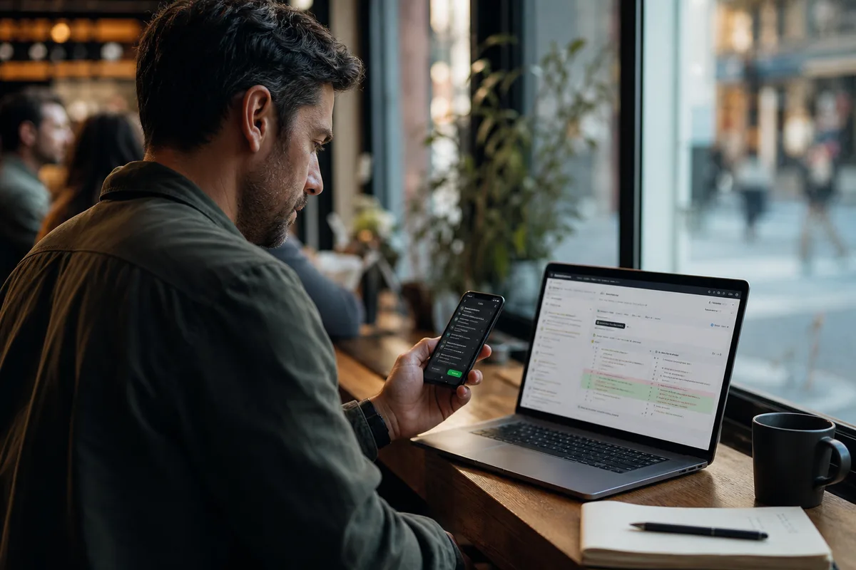 A person in a cafe checks a phone beside a laptop showing code review comments.