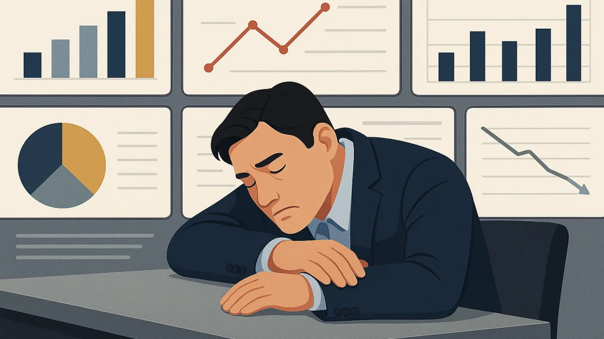An exhausted office worker sleeps in front of dashboards filled with charts.