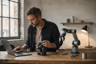 A founder works between a laptop, a mechanical prototype, and a compact robotic arm in a quiet studio.